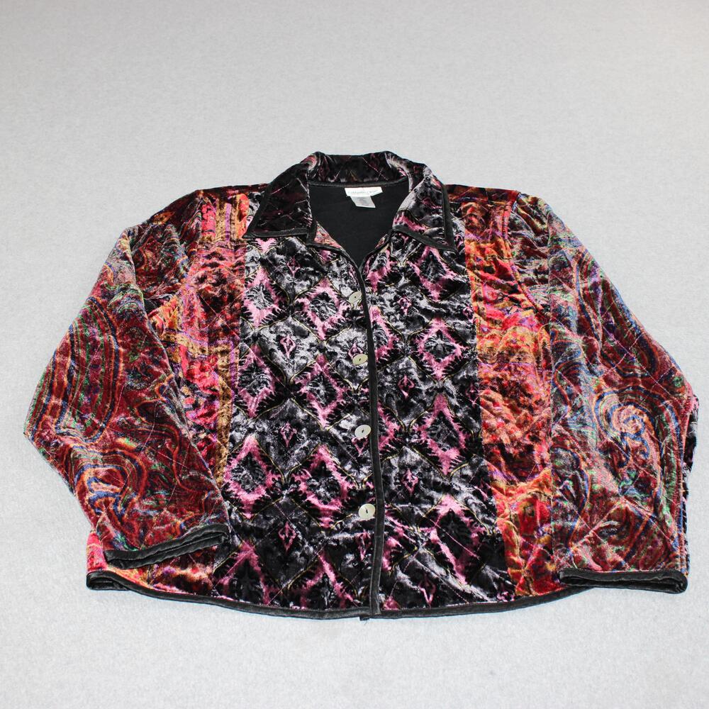 Coldwater Creek Jacket Women Large Black Velvet Quilted Boho Lagenlook Artsy